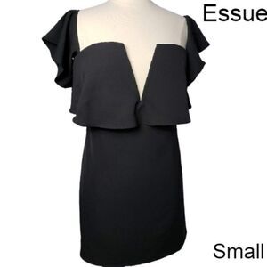 Women's Black Dress Small Midi Flirty Low V-Cut Cocktail Off the Shoulders Small
